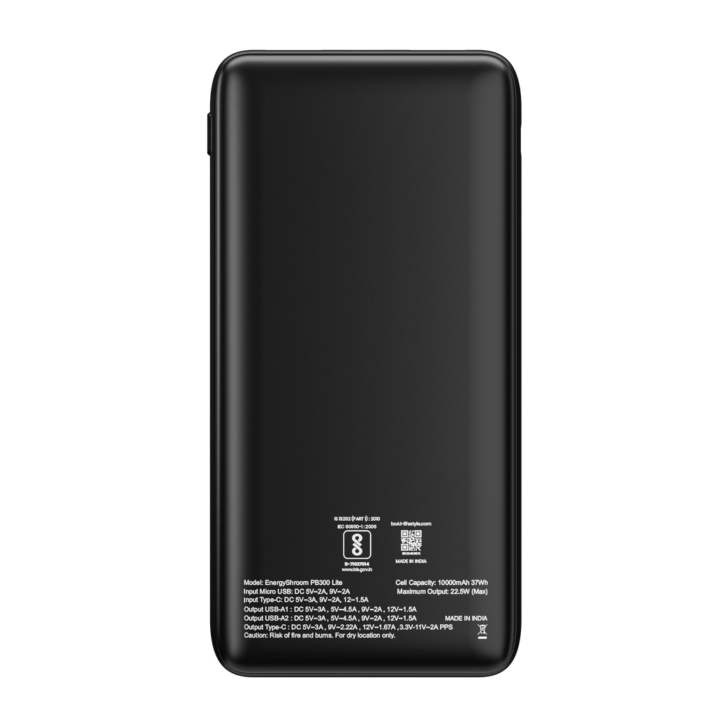 EnergyShroom PB300 Lite| Powerbank with 10000mAh battery capacity with Smart IC protection, 22.5W fast charging