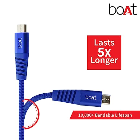 boAt Rugged V3 Micro USB Braided Charging Cable (2.4A) | Premium USB Cable with 480Mbps Transfer Speed, Nylon Braiding, Durable Connectors