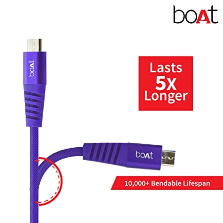boAt Rugged V3 Micro USB Braided Charging Cable (2.4A) | Premium USB Cable with 480Mbps Transfer Speed, Nylon Braiding, Durable Connectors