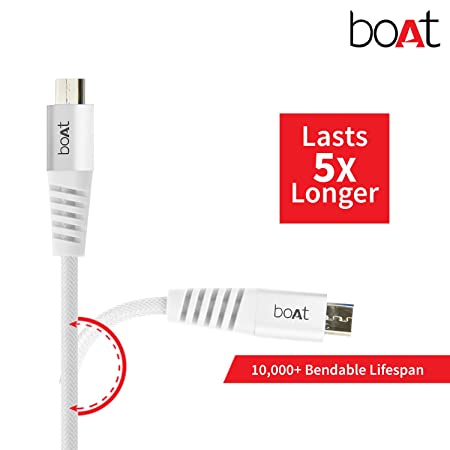 boAt Rugged V3 Micro USB Braided Charging Cable (2.4A) | Premium USB Cable with 480Mbps Transfer Speed, Nylon Braiding, Durable Connectors