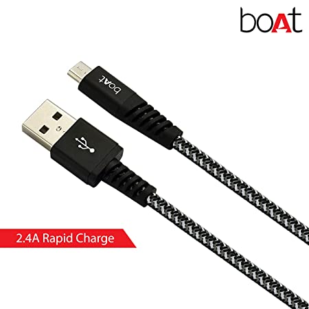 boAt Rugged V3 Micro USB Braided Charging Cable (2.4A) | Premium USB Cable with 480Mbps Transfer Speed, Nylon Braiding, Durable Connectors