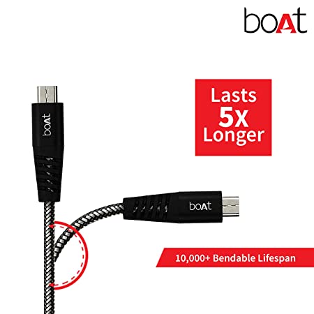 boAt Rugged V3 Micro USB Braided Charging Cable (2.4A) | Premium USB Cable with 480Mbps Transfer Speed, Nylon Braiding, Durable Connectors