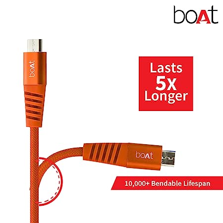 boAt Rugged V3 Micro USB Braided Charging Cable (2.4A) | Premium USB Cable with 480Mbps Transfer Speed, Nylon Braiding, Durable Connectors