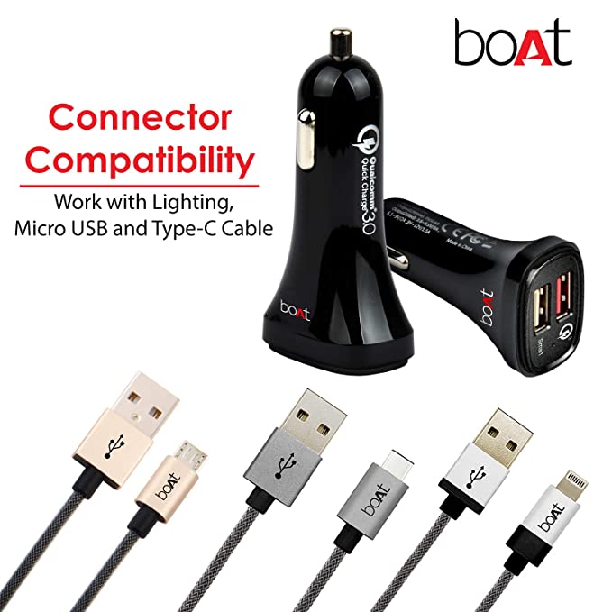 boAt Dual Port Rapid Car Charger (Qualcomm Certified) | Premium Car Charger with Quick Charge 3.0, Smart IC