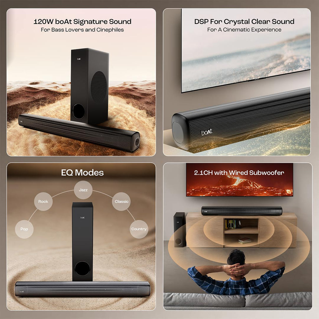boAt Aavante Bar 1500 Pro | 120W Bluetooth Soundbar, 2.1 channel surround system, EQ Modes, Master Remote Control