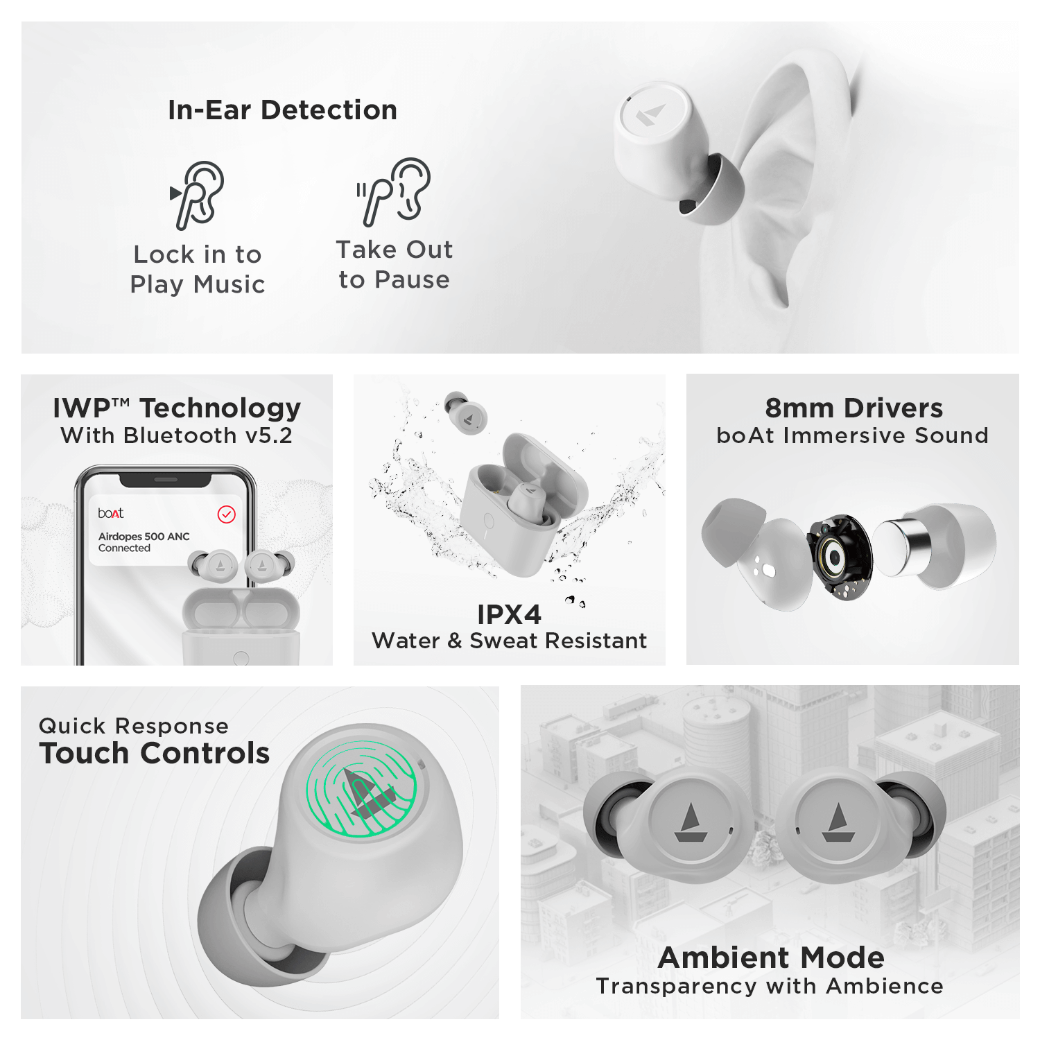 boAt Airdopes 500 ANC | Wireless Earbuds with 35dB Hybrid Active Noise Cancellation, 8mm Drivers, Quad Mics with ENx™ Technology, ASAP™ Charge