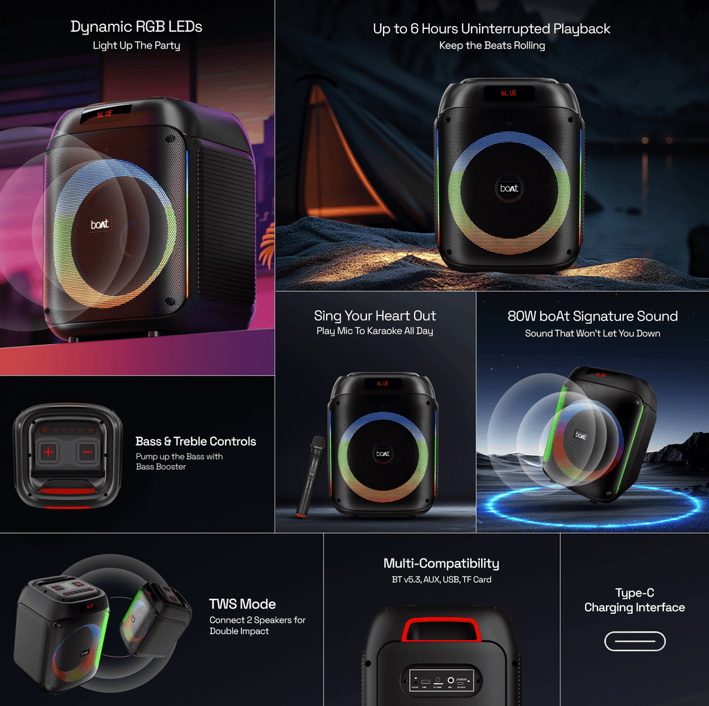 boAt Party Pal 220 | Bluetooth Speaker with 80W boAt Signature Sound,  RGB LED Lights, TWS Mode for 2X Impact