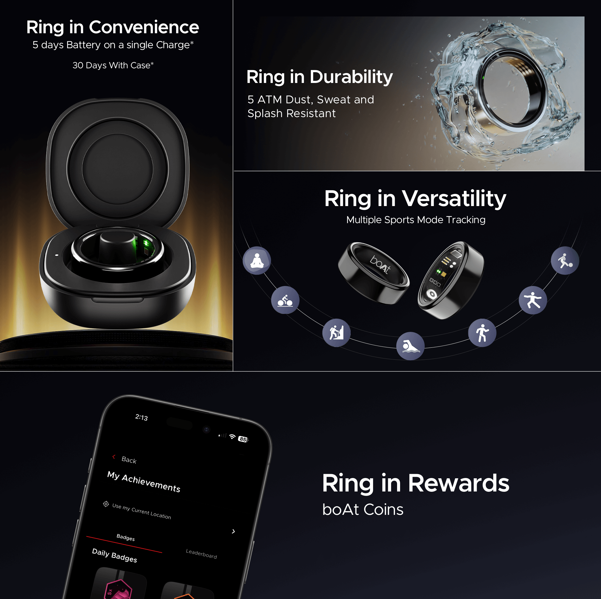boAt  Smart Ring Active |Smart Ring with Stainless Steel Design, 90% Lighter, Health Monitoring, Magnetic Charging Case HME