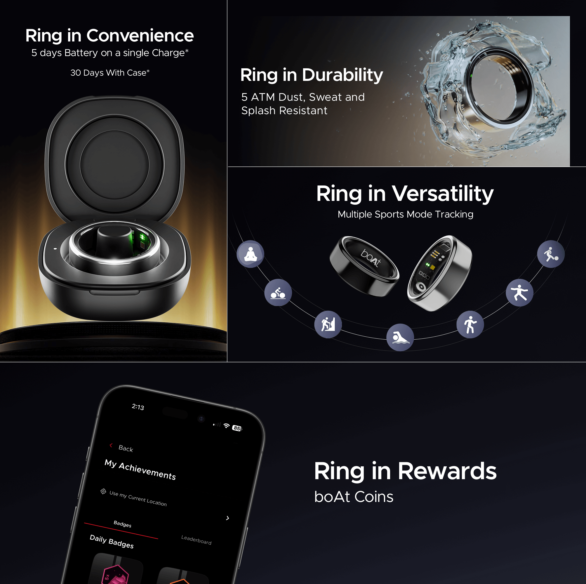 boAt  Smart Ring Active |Smart Ring with Stainless Steel Design, 90% Lighter, Health Monitoring, Magnetic Charging Case HME