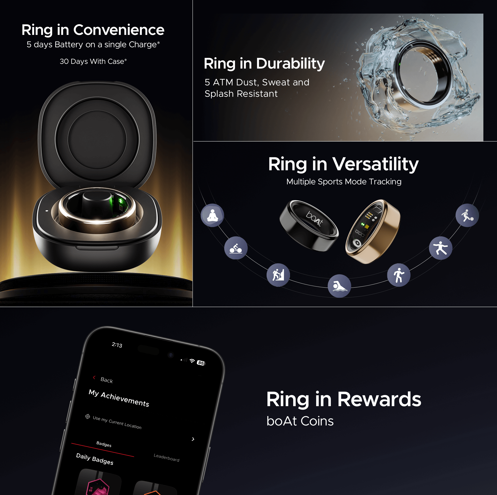 boAt  Smart Ring Active |Smart Ring with Stainless Steel Design, 90% Lighter, Health Monitoring, Magnetic Charging Case HME