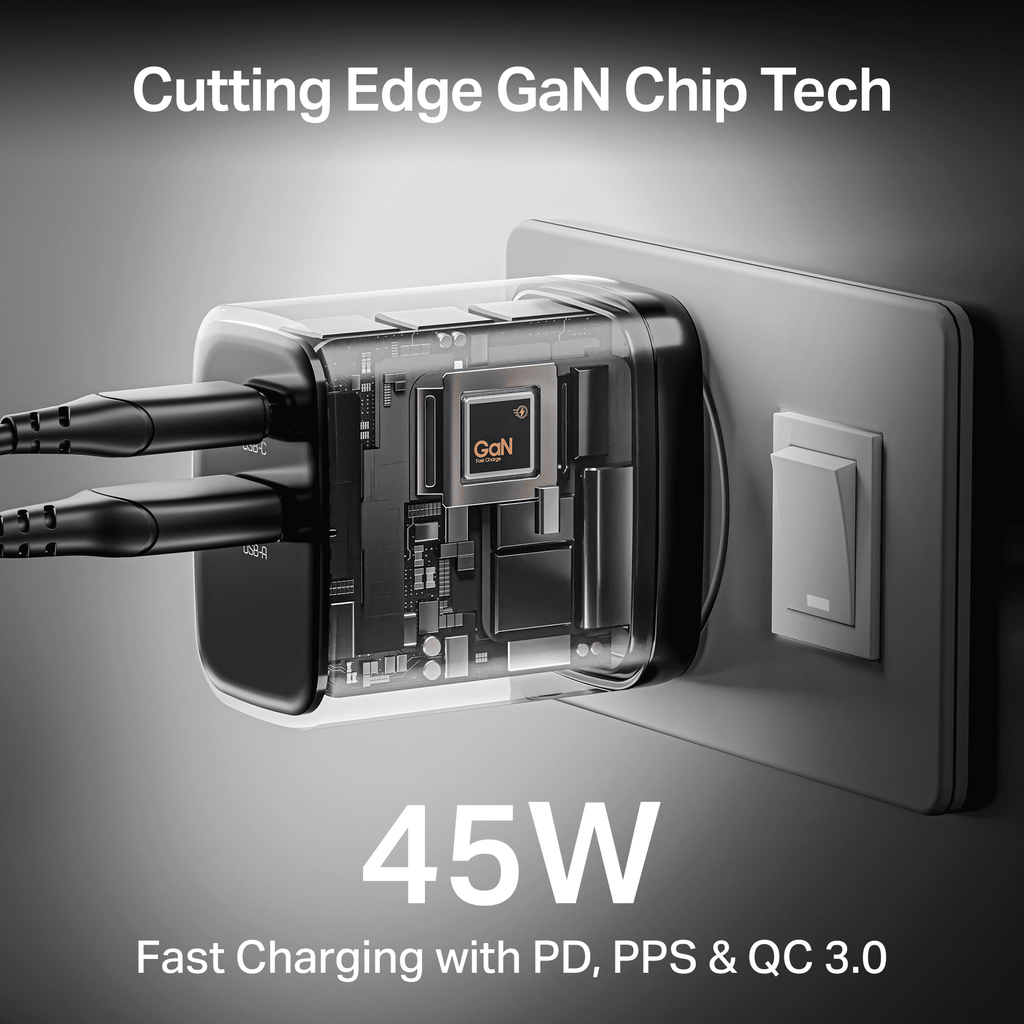 45W GaN Charger | 45W Fast Charger with GaN Chip Technology, 12-Layer Smart IC Protection, Dual-Port Charging