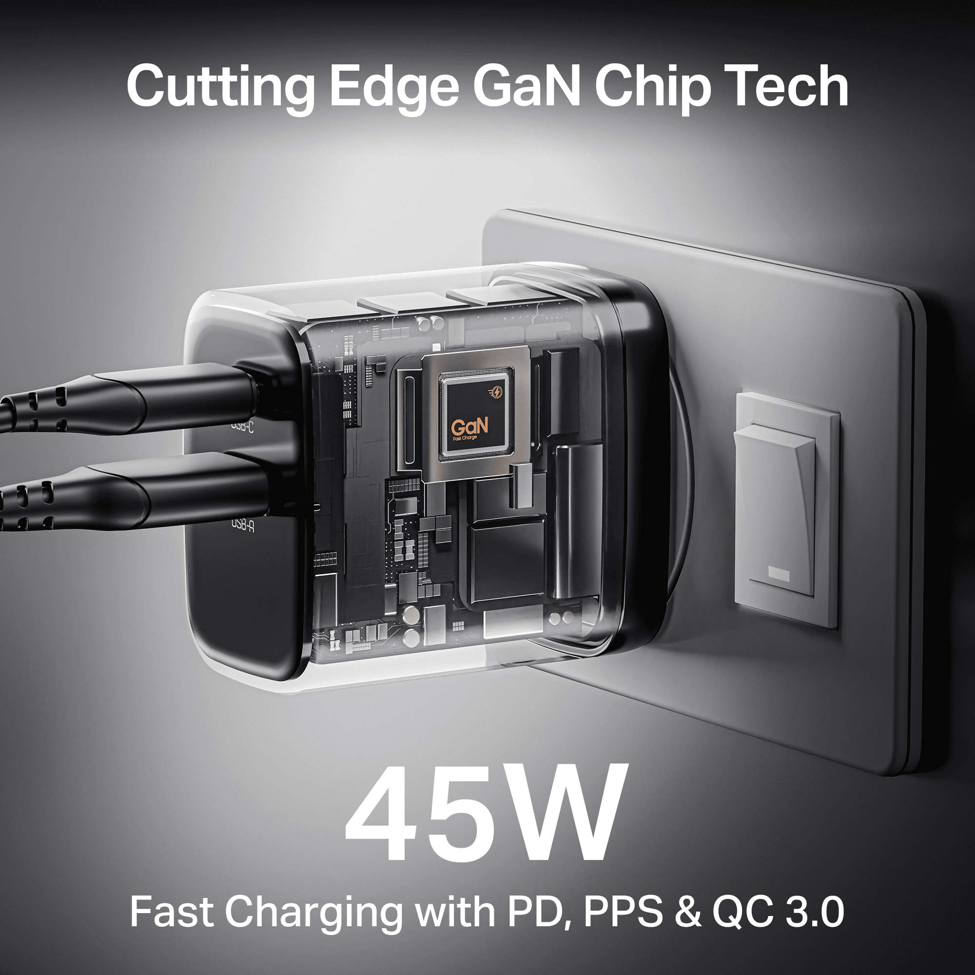 45W GaN Charger | 45W Fast Charger with GaN Chip Technology, 12-Layer Smart IC Protection, Dual-Port Charging