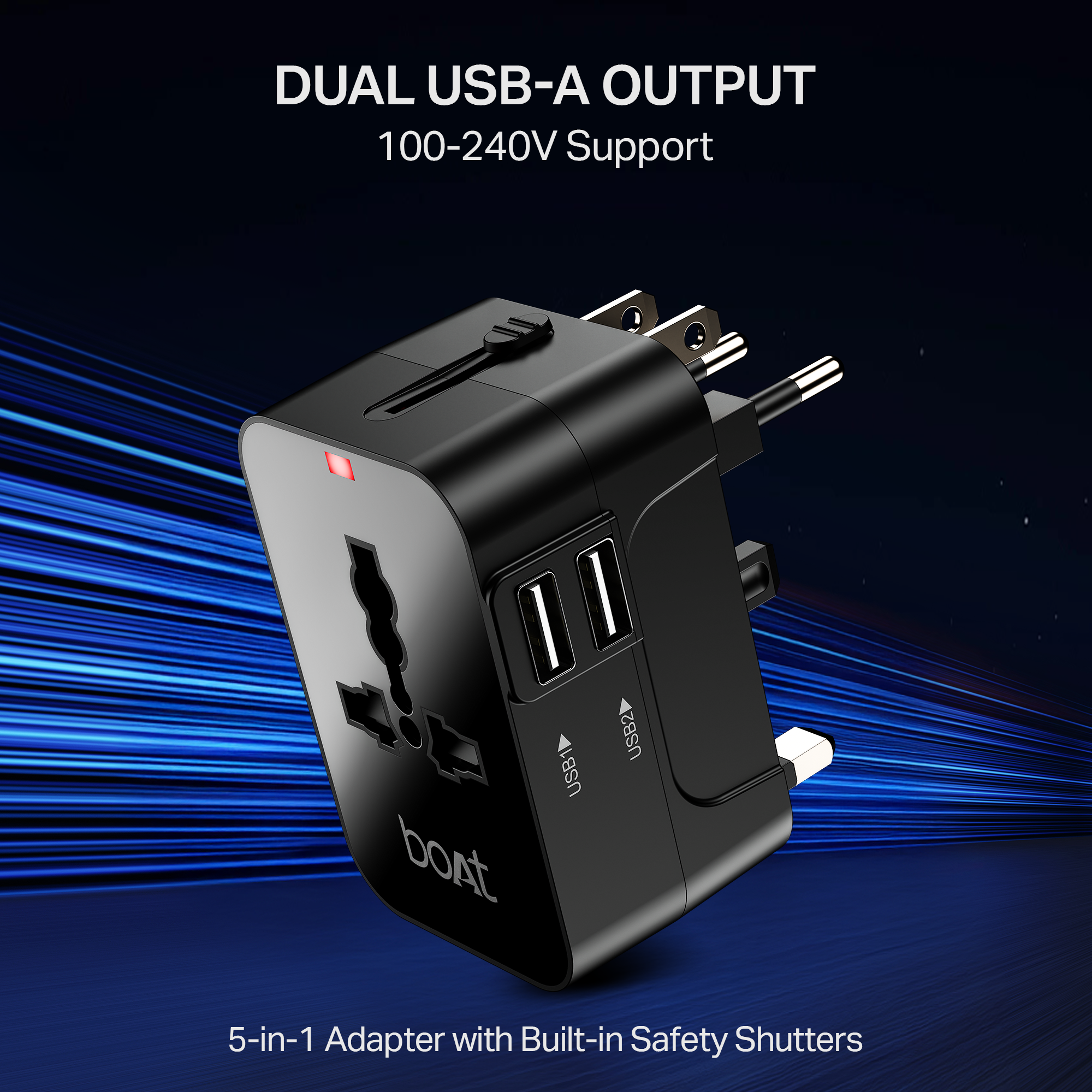 boAt Universal Adapter C10 | 5-in-1 Travel Adapter with Dual USB-A, Compatibility & Smart IC Protection