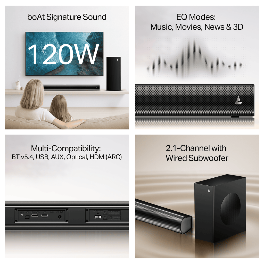 boAt Aavante Pulse | 120W 2.1 Channel Soundbar with Bluetooth v5.4, EQ Modes & Master Remote