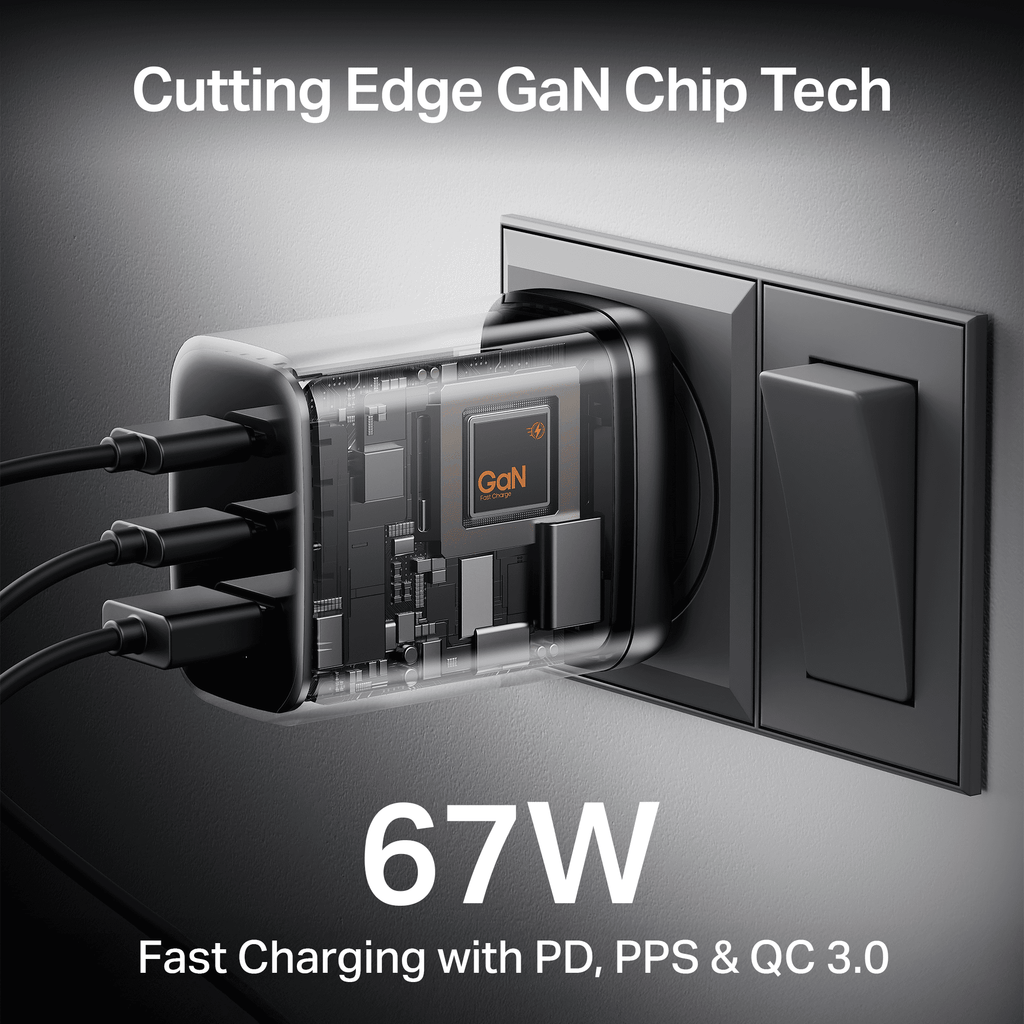 67W GaN Charger | Fast Triple-Port Charger with GaN Chip, Auto-Detect Tech & Smart IC Protection