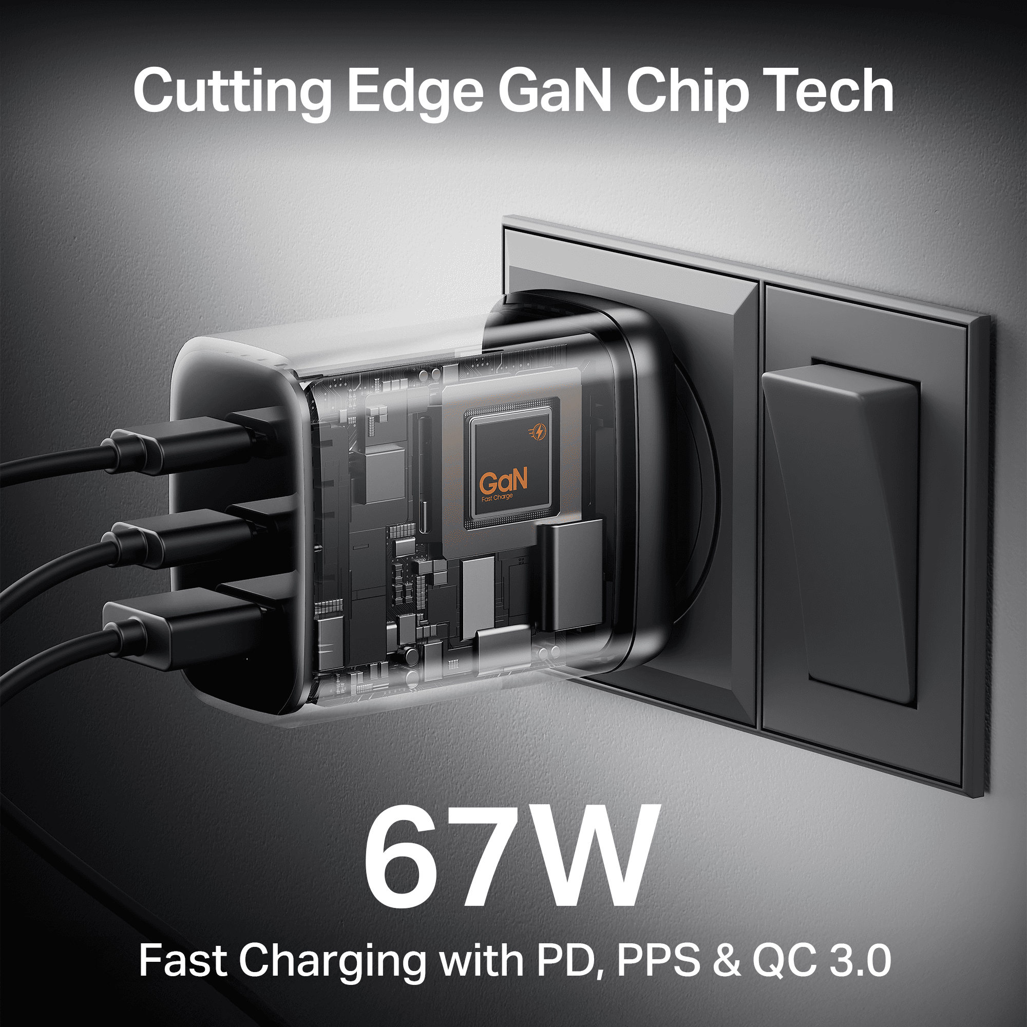 67W GaN Charger | Fast Triple-Port Charger with GaN Chip, Auto-Detect Tech & Smart IC Protection