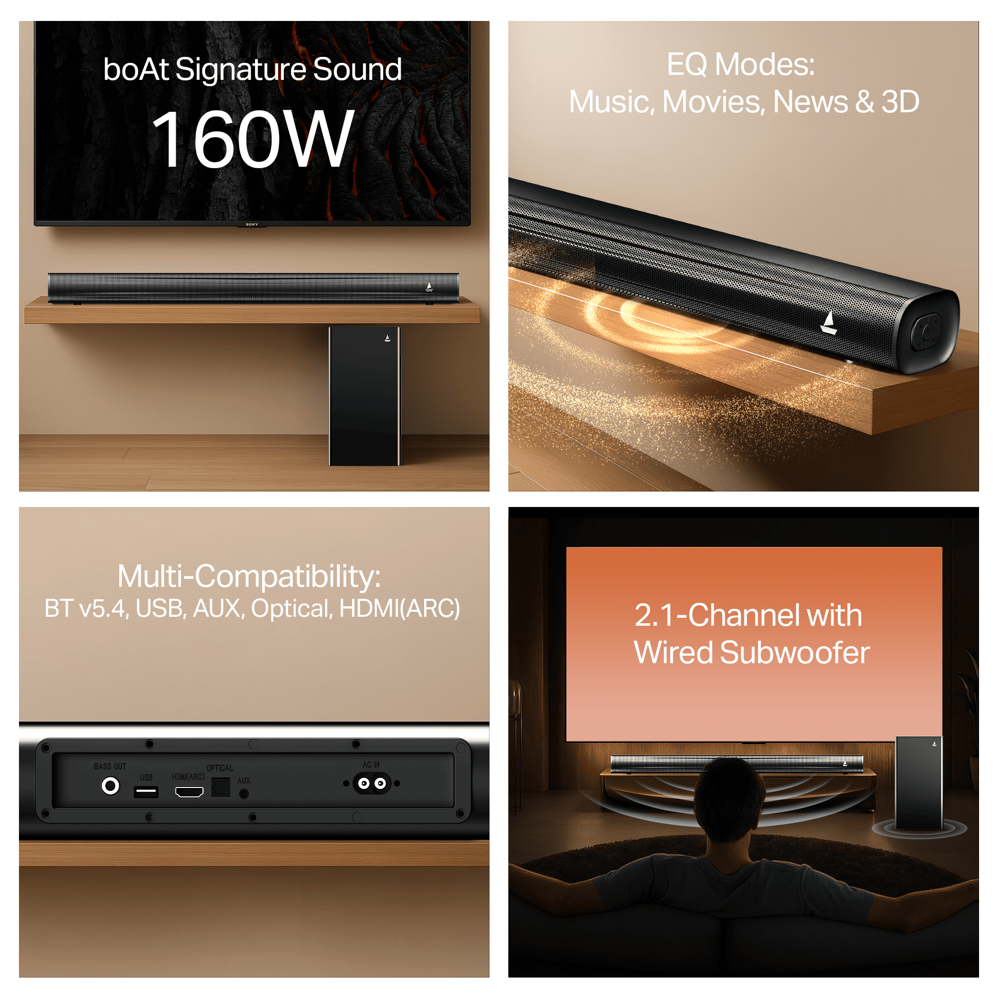 boAt Aavante 2.1 1550 Plus | 160W 2.1 Channel Soundbar with Bluetooth v5.4, EQ Modes & Master Remote