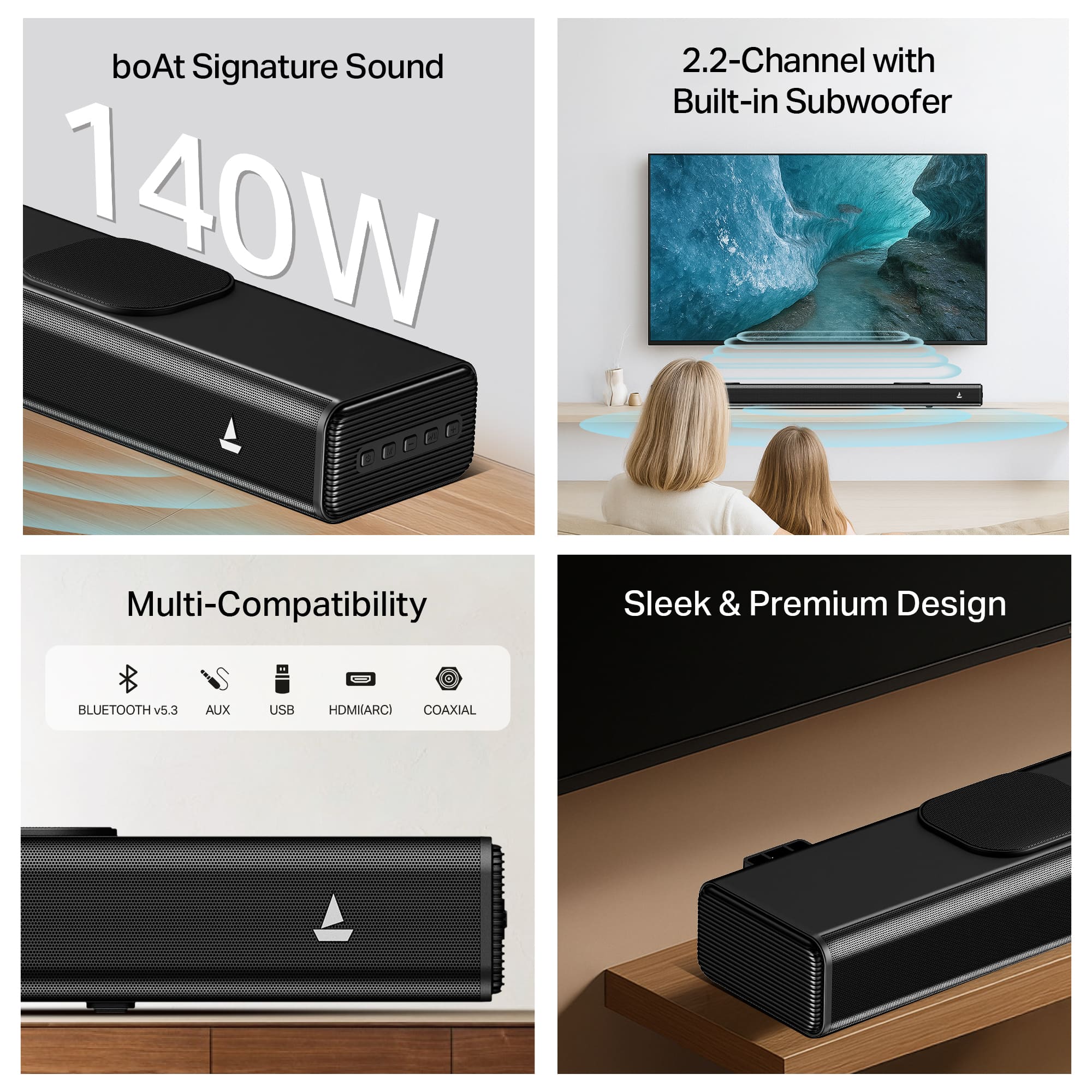 boAt Aavante Raga Plus | 140W 2.2 Channel Soundbar with Built-in Subwoofer & Multi-Connectivity