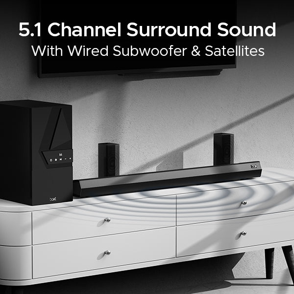boAt Aavante Bar 3600 | 500W Bluetooth Soundbar, 5.1 Surround Sound System with Subwoofer and Wired Rear Speakers