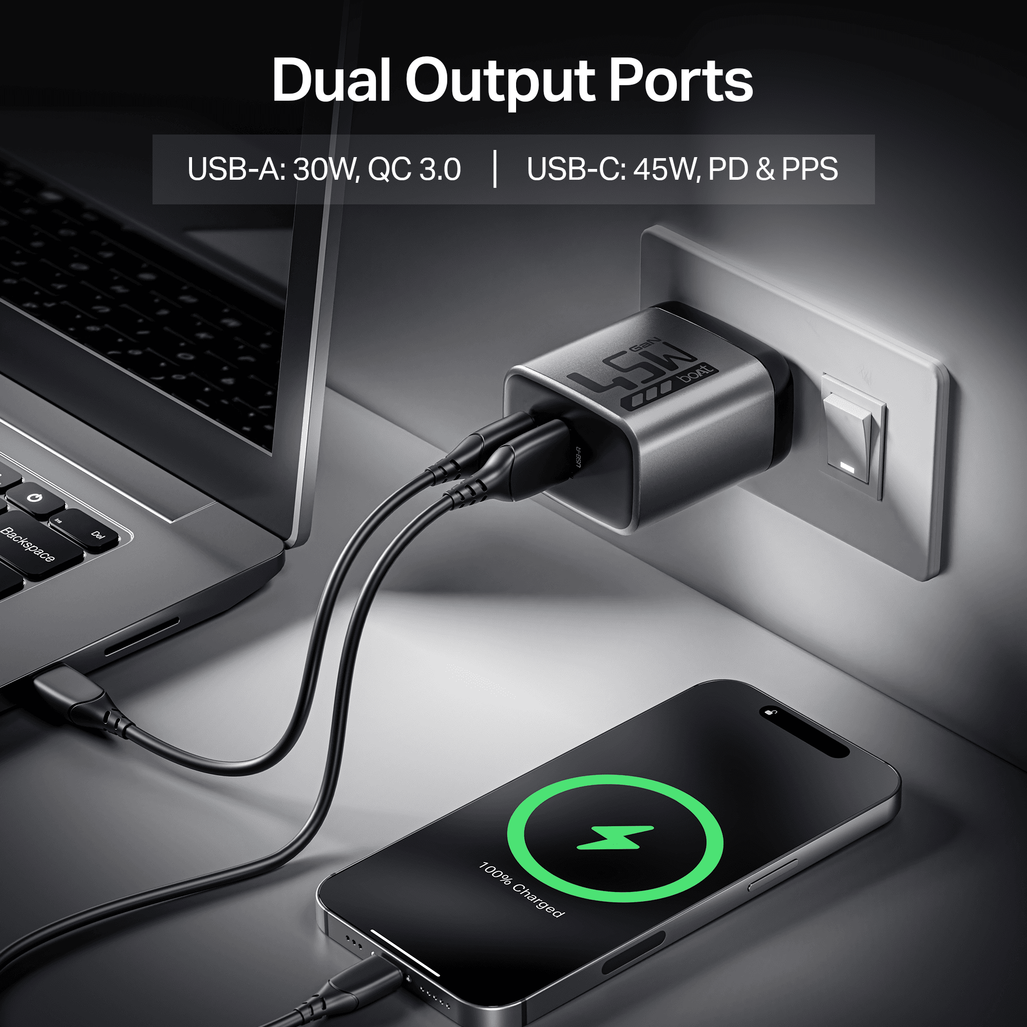 45W GaN Charger | 45W Fast Charger with GaN Chip Technology, 12-Layer Smart IC Protection, Dual-Port Charging