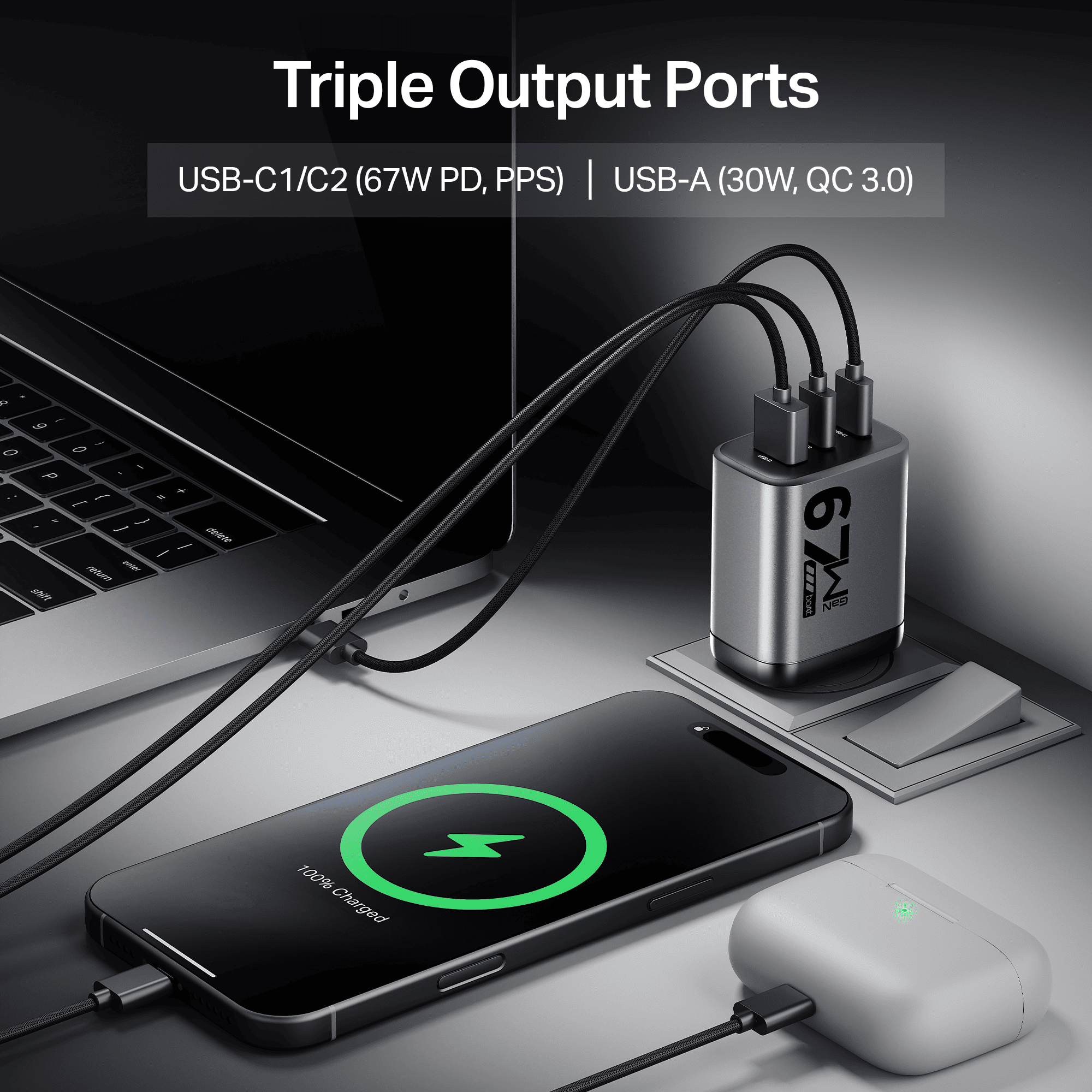 67W GaN Charger | Fast Triple-Port Charger with GaN Chip, Auto-Detect Tech & Smart IC Protection