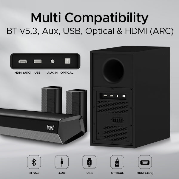 boAt Aavante Bar 3600 | 500W Bluetooth Soundbar, 5.1 Surround Sound System with Subwoofer and Wired Rear Speakers