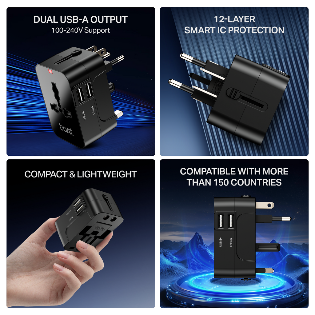 boAt Universal Adapter C10 | 5-in-1 Travel Adapter with Dual USB-A, Compatibility & Smart IC Protection