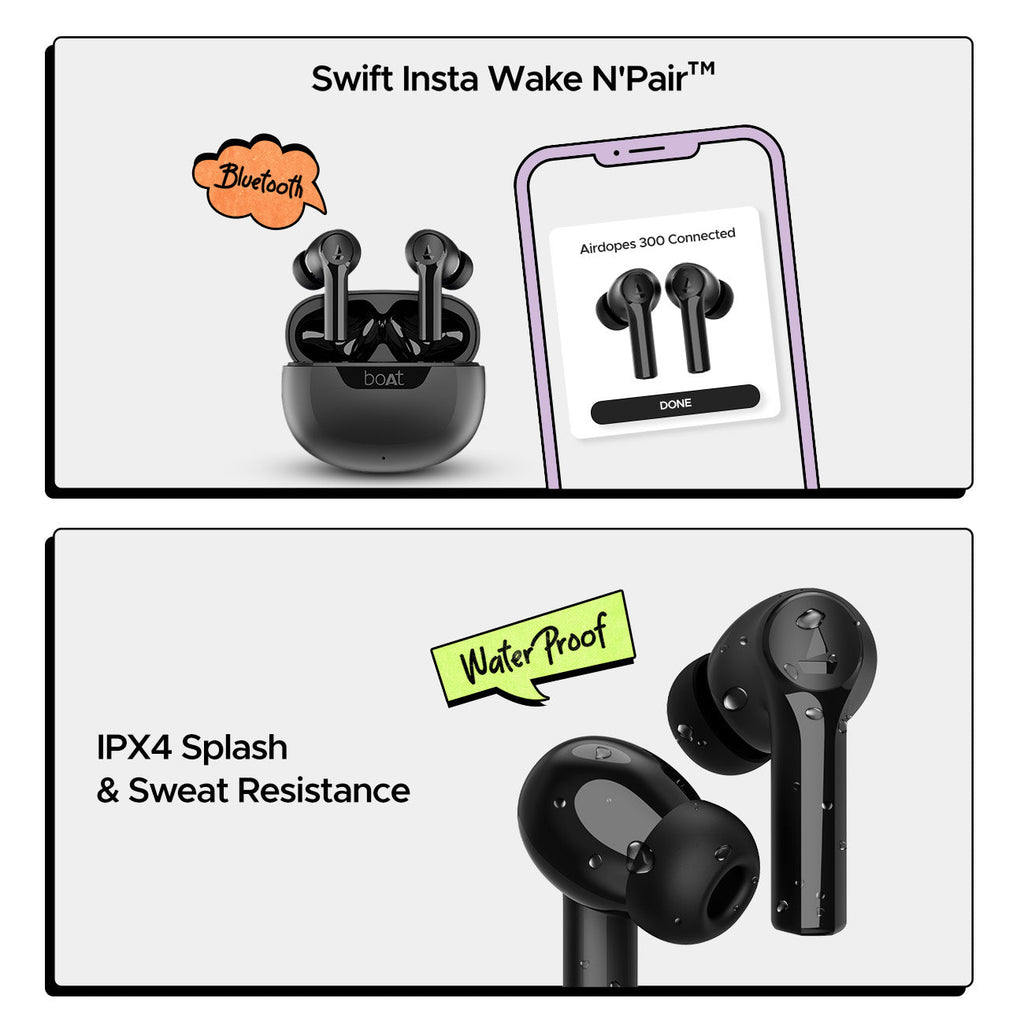 boAt Airdopes 300 | Wireless Earbuds with 50 Hours Playback, Quad Mics AI ENx™ Tech, ASAP™ Charge, Spatial Audio