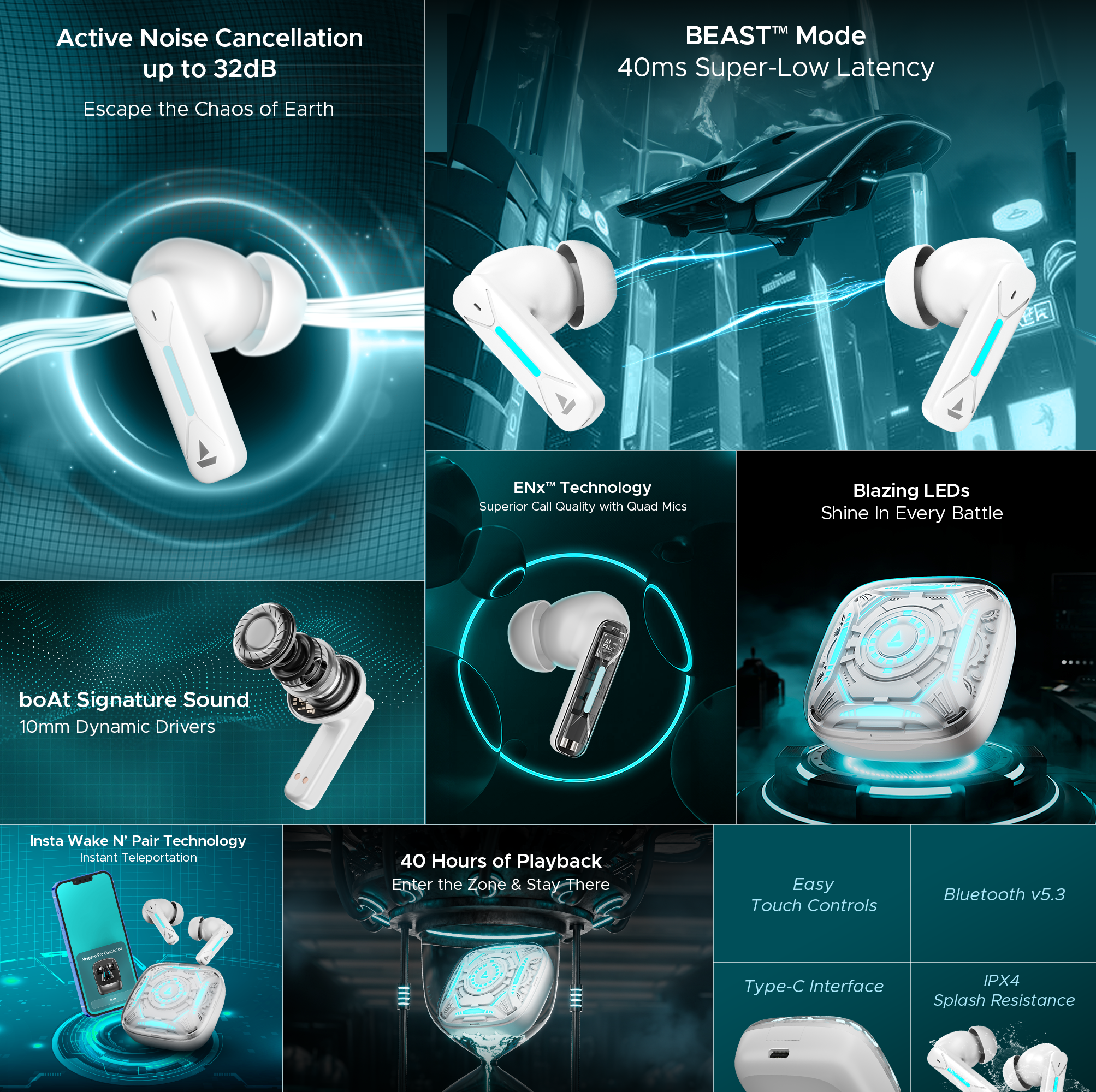 boAt Immortal Airspeed Pro | Bluetooth Gaming Wireless Earbuds with 40ms BEAST™ Mode, Up to 32dB ANC, ENx™ Tech