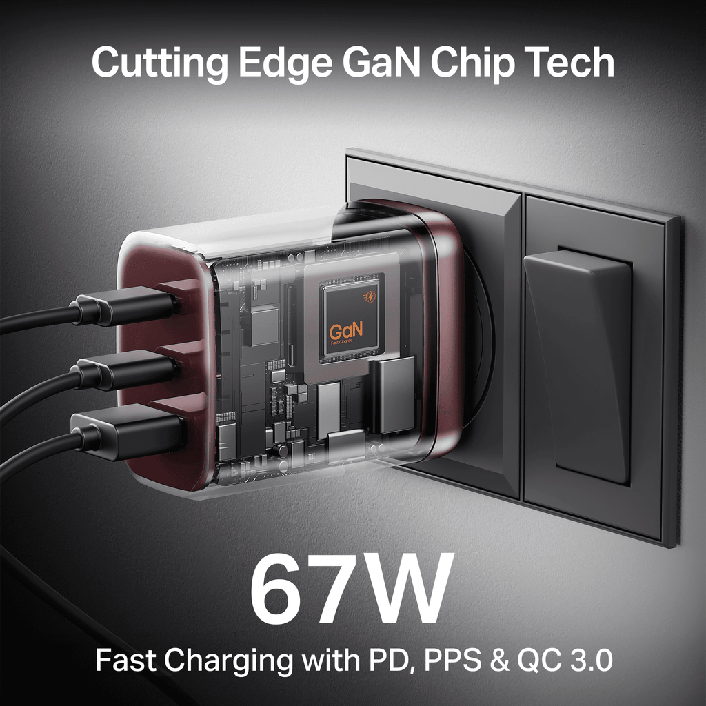 67W GaN Charger | Fast Triple-Port Charger with GaN Chip, Auto-Detect Tech & Smart IC Protection