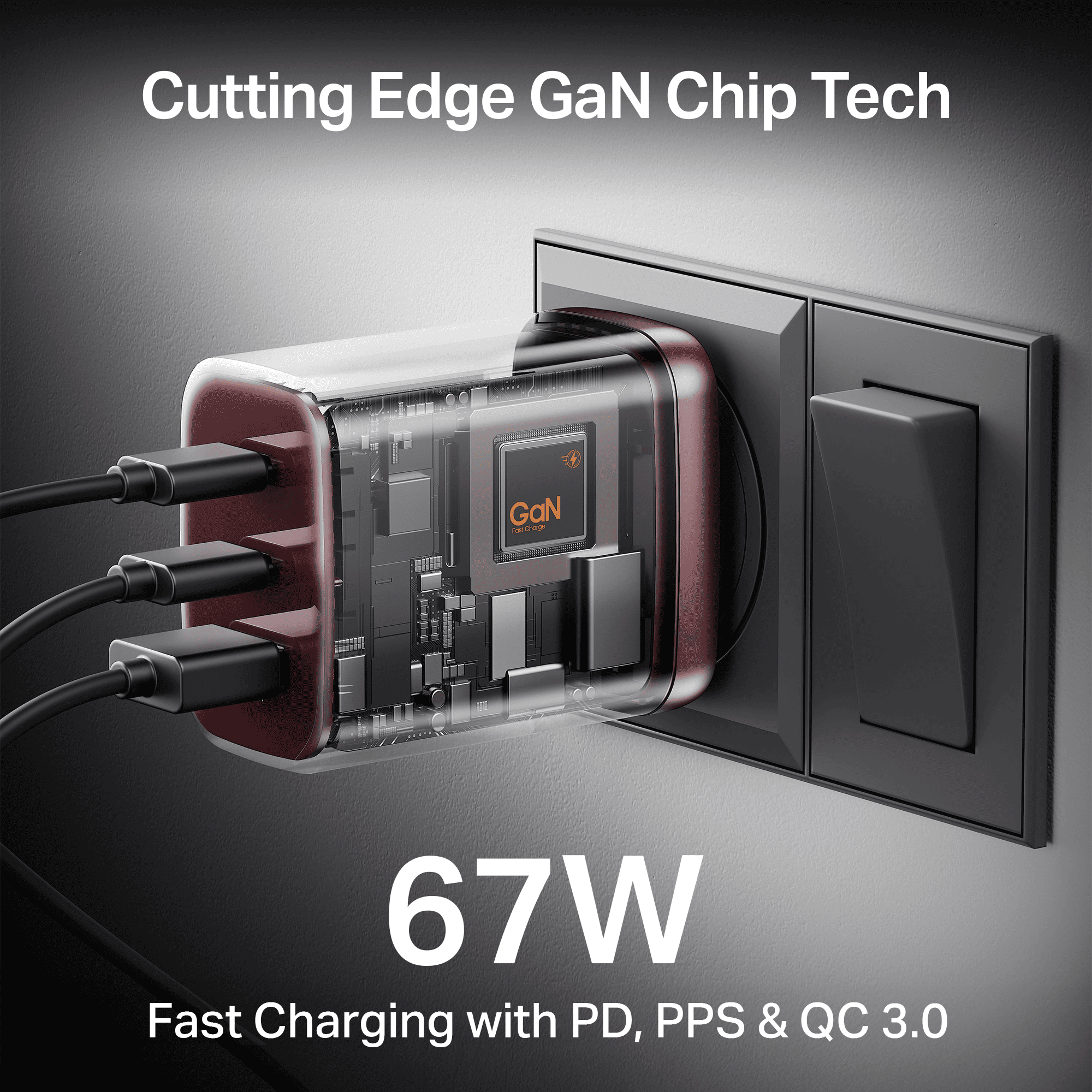 67W GaN Charger | Fast Triple-Port Charger with GaN Chip, Auto-Detect Tech & Smart IC Protection