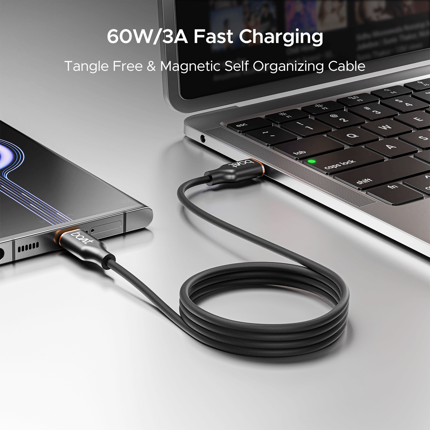 boAt Type C C800 Magna Cable | Charging Cable with 3A Fast Charging, Tangle-free Cable, 480 Mbps Data Sync, 10,000+ Bends Lifespan