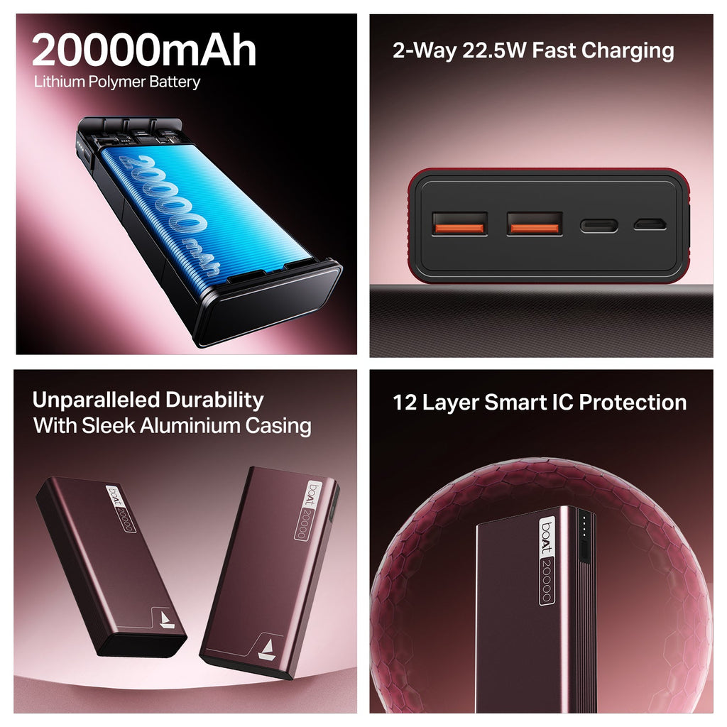 boAt Energyshroom PB400 | Powerbank with 20000mAh battery capacity with Smart IC protection