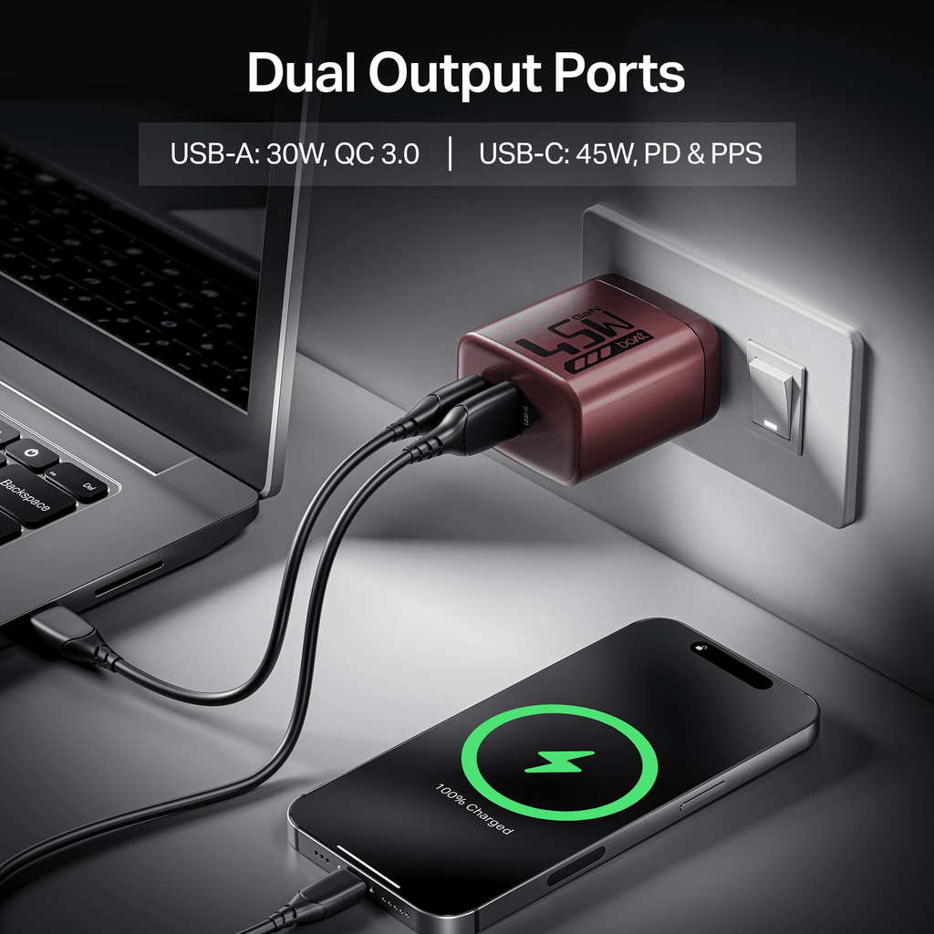 45W GaN Charger | 45W Fast Charger with GaN Chip Technology, 12-Layer Smart IC Protection, Dual-Port Charging