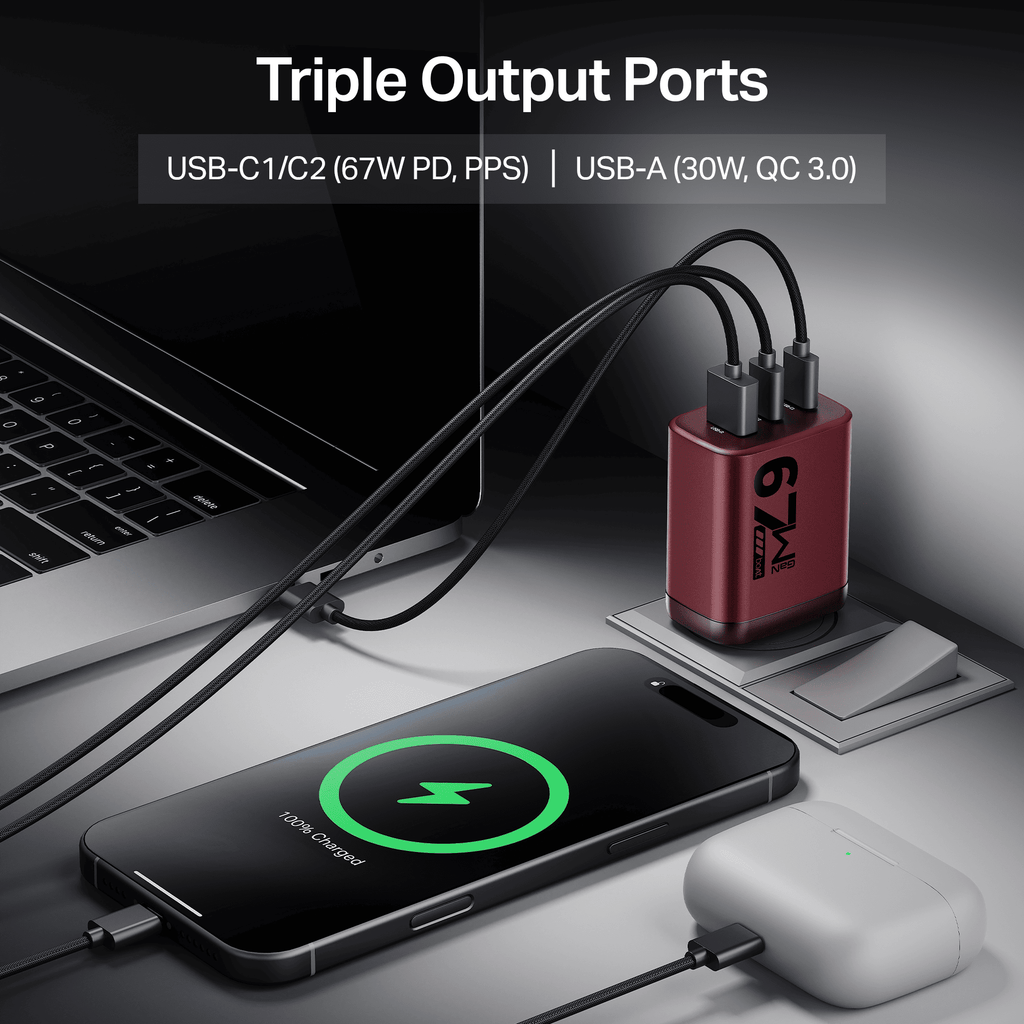67W GaN Charger | Fast Triple-Port Charger with GaN Chip, Auto-Detect Tech & Smart IC Protection