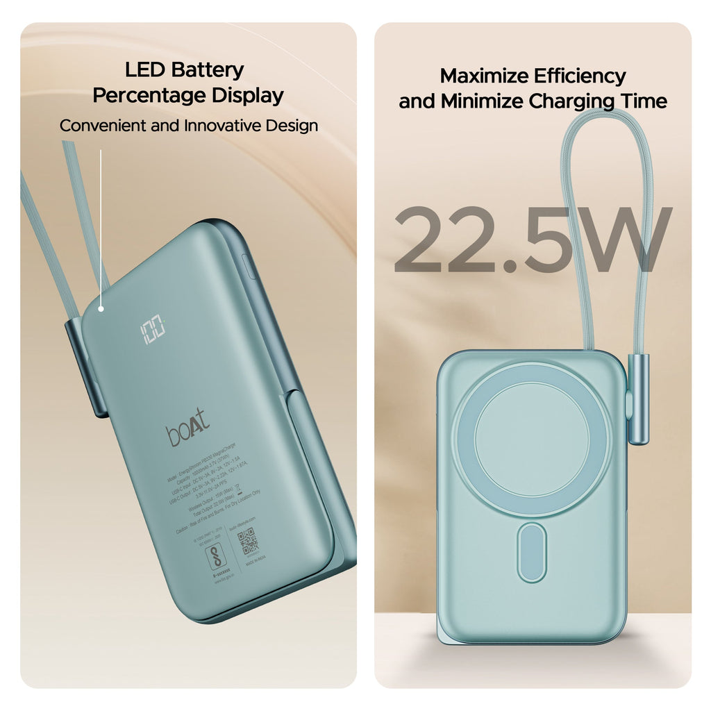 boAt EnergyShroom PB330  Magnacharge | 10000mAh magnetic wireless power bank with 15 W wireless charging, LED battery display, 12 Layer Smart IC Protection