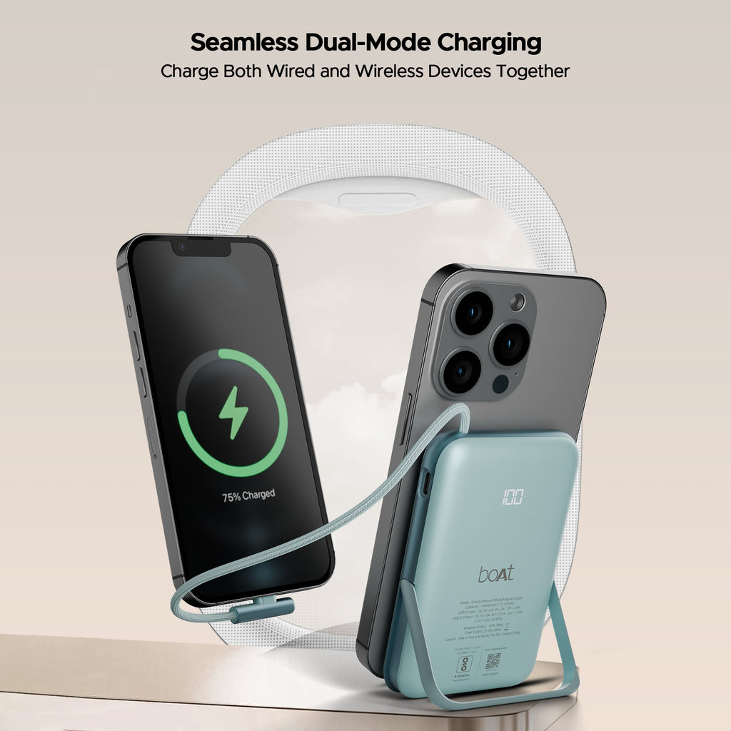 boAt EnergyShroom PB330  Magnacharge | 10000mAh magnetic wireless power bank with 15 W wireless charging, LED battery display, 12 Layer Smart IC Protection