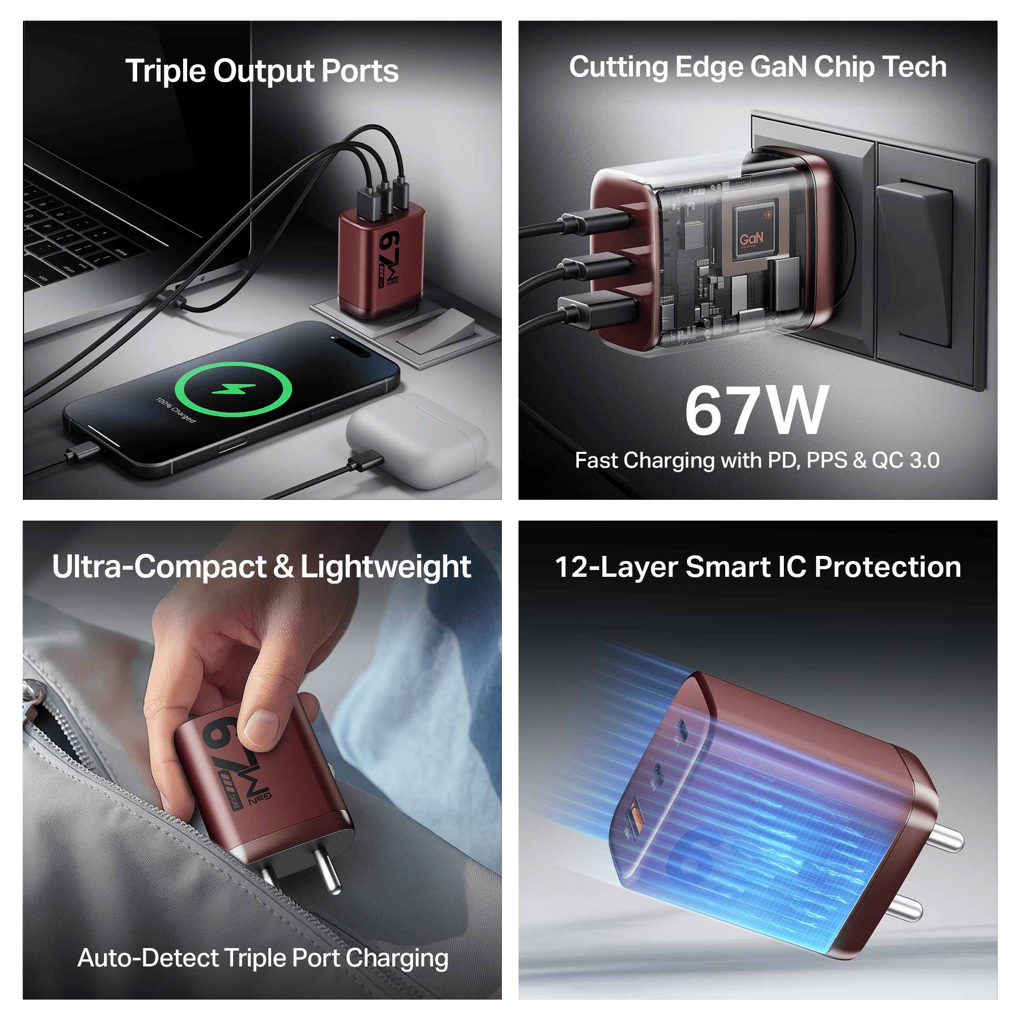 67W GaN Charger | Fast Triple-Port Charger with GaN Chip, Auto-Detect Tech & Smart IC Protection