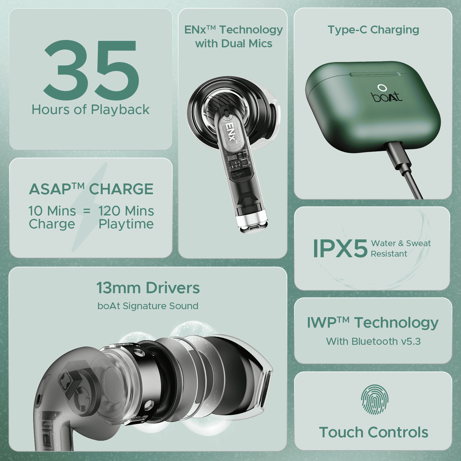 boAt Airdopes Alpha | True Wireless Earbuds with 35 Hours Playback, 13mm Drivers, ENx™ Tech, ASAP™ Charge, IWP™ Technology