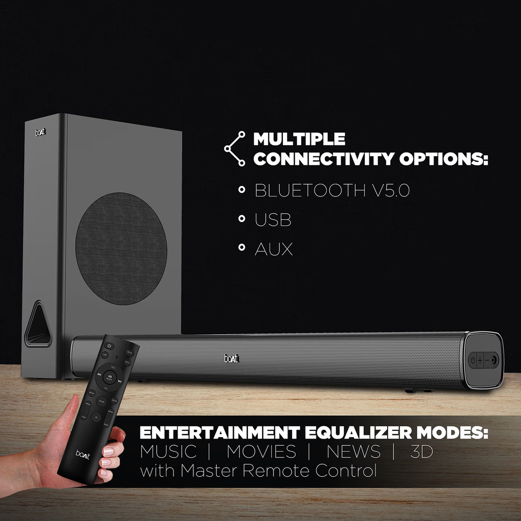 boAt Aavante Bar 1250 | 80W Soundbar with 2.1 Channel Surround Sound, 40W Subwoofer, Master Remote Control, BT, Aux