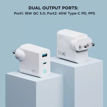boAt WCD QCPD | High Power Quick Charger with Type C Cable, Auto Detect Dual Port, LED Indicator, QC 3.0 & GaN Chip Technology