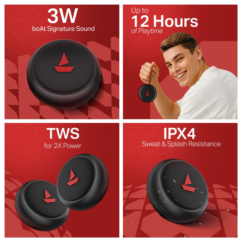 boAt Stone 108 | Portable Bluetooth Speaker with 3W Sound, 12H Playback, TWS feature & IPX4 Resistance